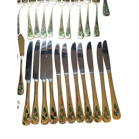 SET OF 51 JAPAN STAINLESS STEEL GOLD TONE HOLLY CHRISTMAS UTENSILS FLATWARE - Picture 5 of 5